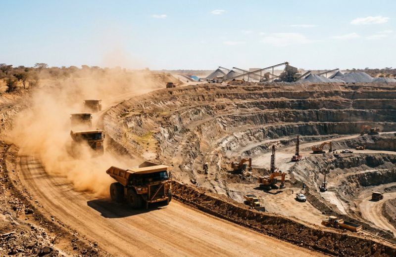 Piste minière avec engins lourds et poussière